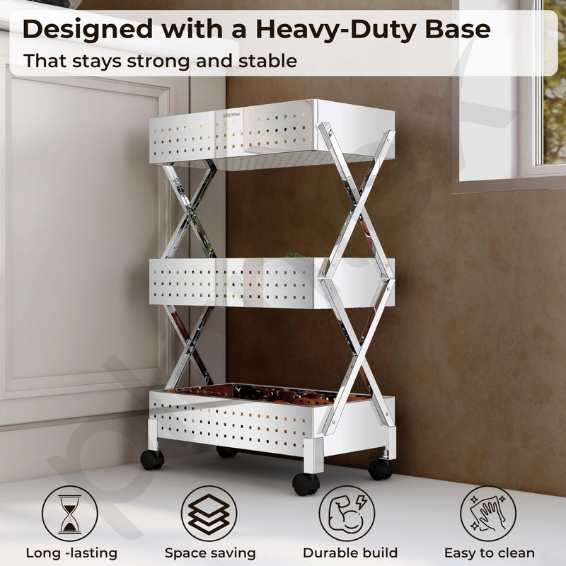 Plantex 3-Tier Vegetable Rack for Kitchen Trolley/Basket for Kitchen Storage/Stainless Steel Multipurpose Storage Fruit,Onion, Potato Storage Stand/Heavy Duty Rolling Utility Cart(Chrome)-2
