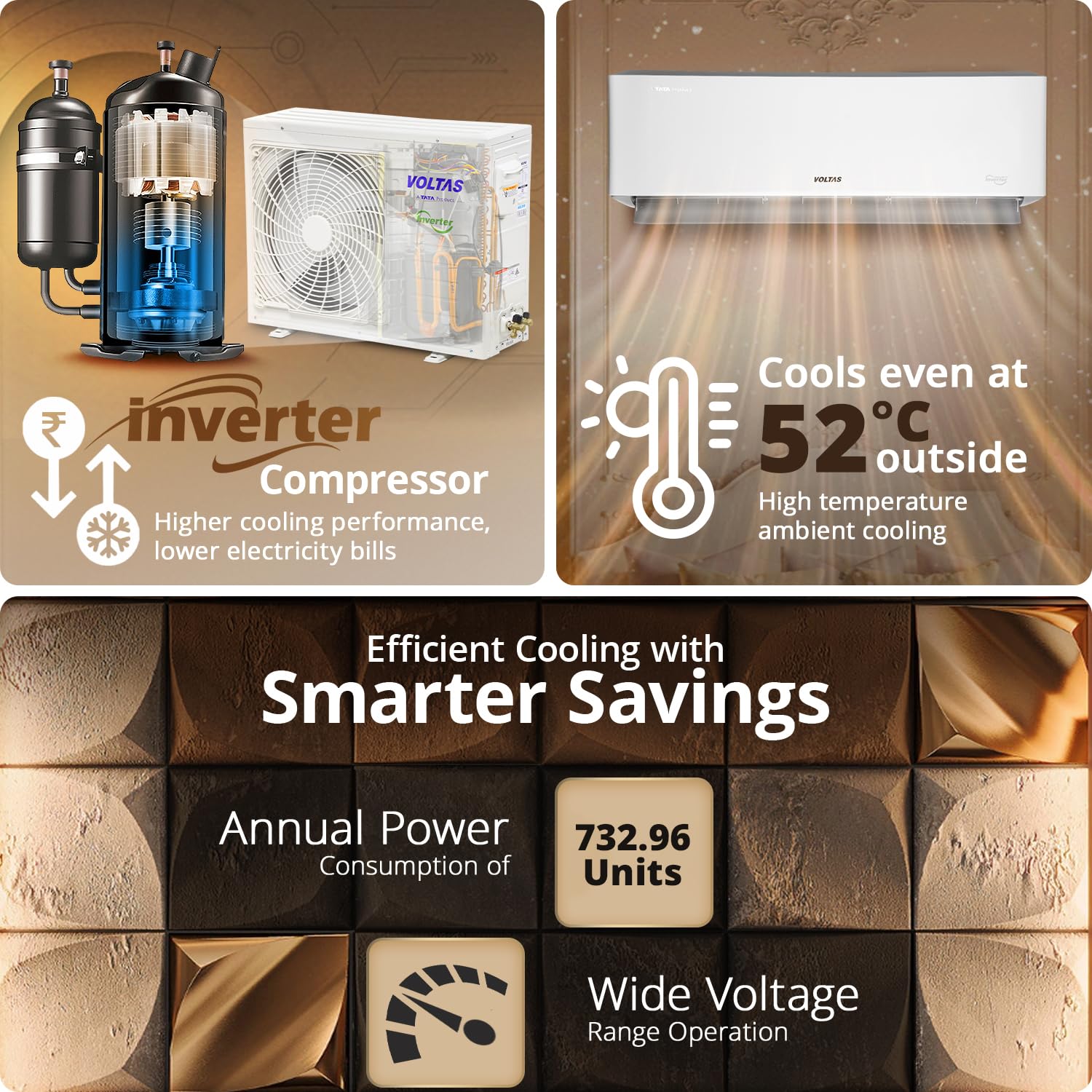 Voltas 1.5 ton 5 Star, New star rated, Inverter Split AC (Copper, Convertible 6-in-1 Cooling Modes, Auto Clean, Sleep Mode with Hidden Display, Memory Restart (185INV VENUS LUXE, White)