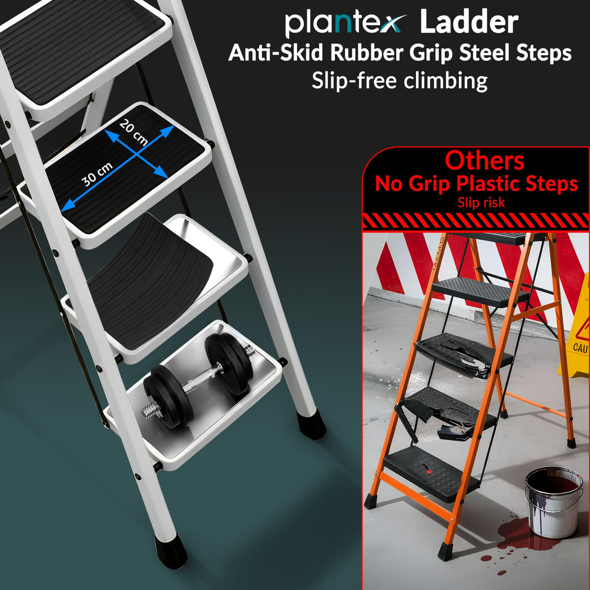 Plantex Ladder for Home 4 Steps/Foldable Ladder with Anti-Skid Wide Steps (30L x 20W cm)/Strong D-Shape Pipe with X-Support for More Stability/5 Year Warranty(Apex-White)-3