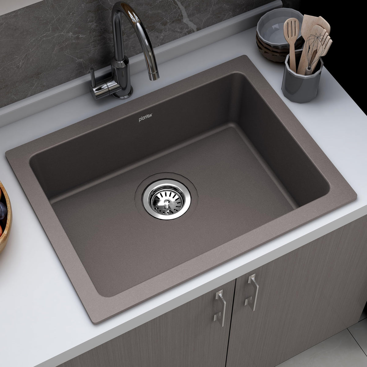 Plantex Quartz Acrylic Matt Kitchen Sink/Undermount Sink For Kitchen With 10 Years Warranty By /Granite Single Bowl Kitchen Sinks With Coupling (Con-24X18 Inches)