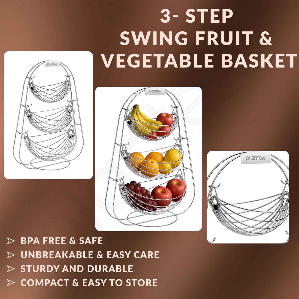 Plantex Stainless Steel Fruit Basket for Dining Table/3 Tier Swing Fruit Bowl/Vegetable Basket Stand/Onion Potato Rack for Kitchen-6
