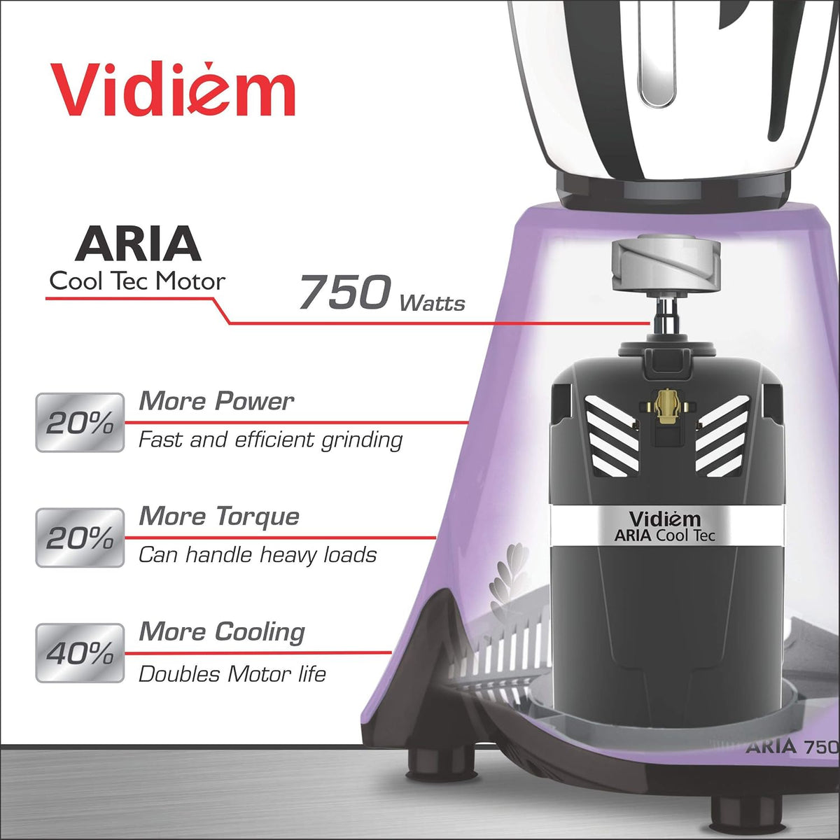 Vidiem Eva Premium 750W Mixer Grinder with 5 Jars (Lavender & Black) | Juicer Mixer Grinder for Wet & Dry Grinding, Chut