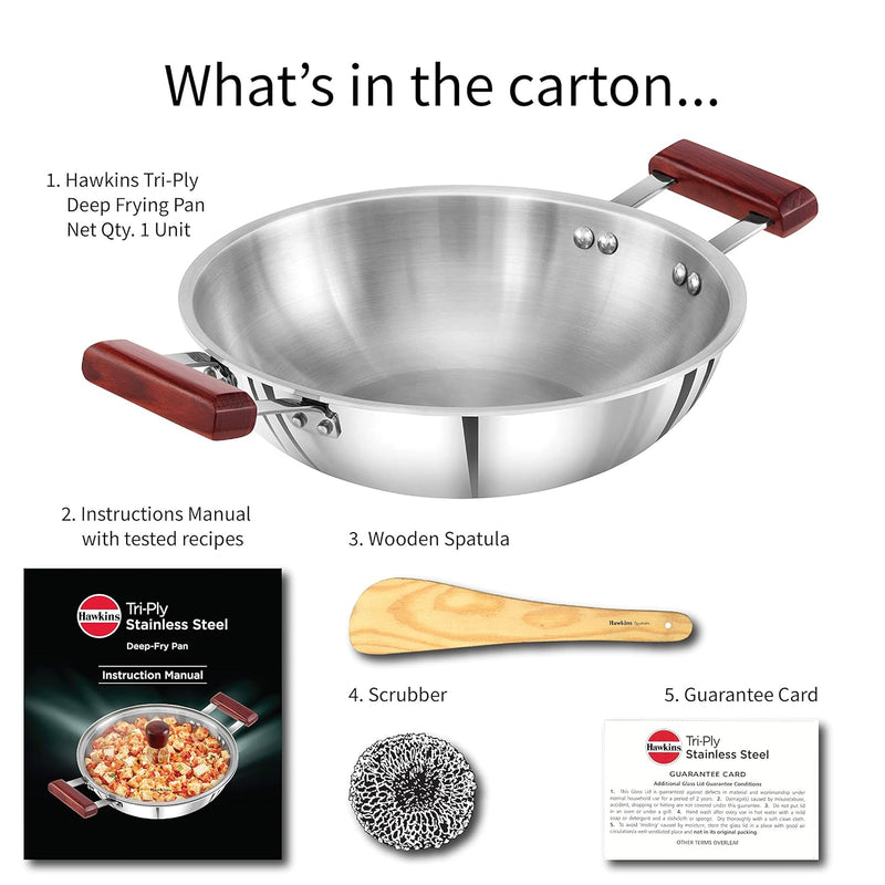Hawkins 2.5 Litre Deep Fry Pan, Triply Stainless Steel Kadai, Flat Bottom Induction Kadhai, Silver (SSD25)