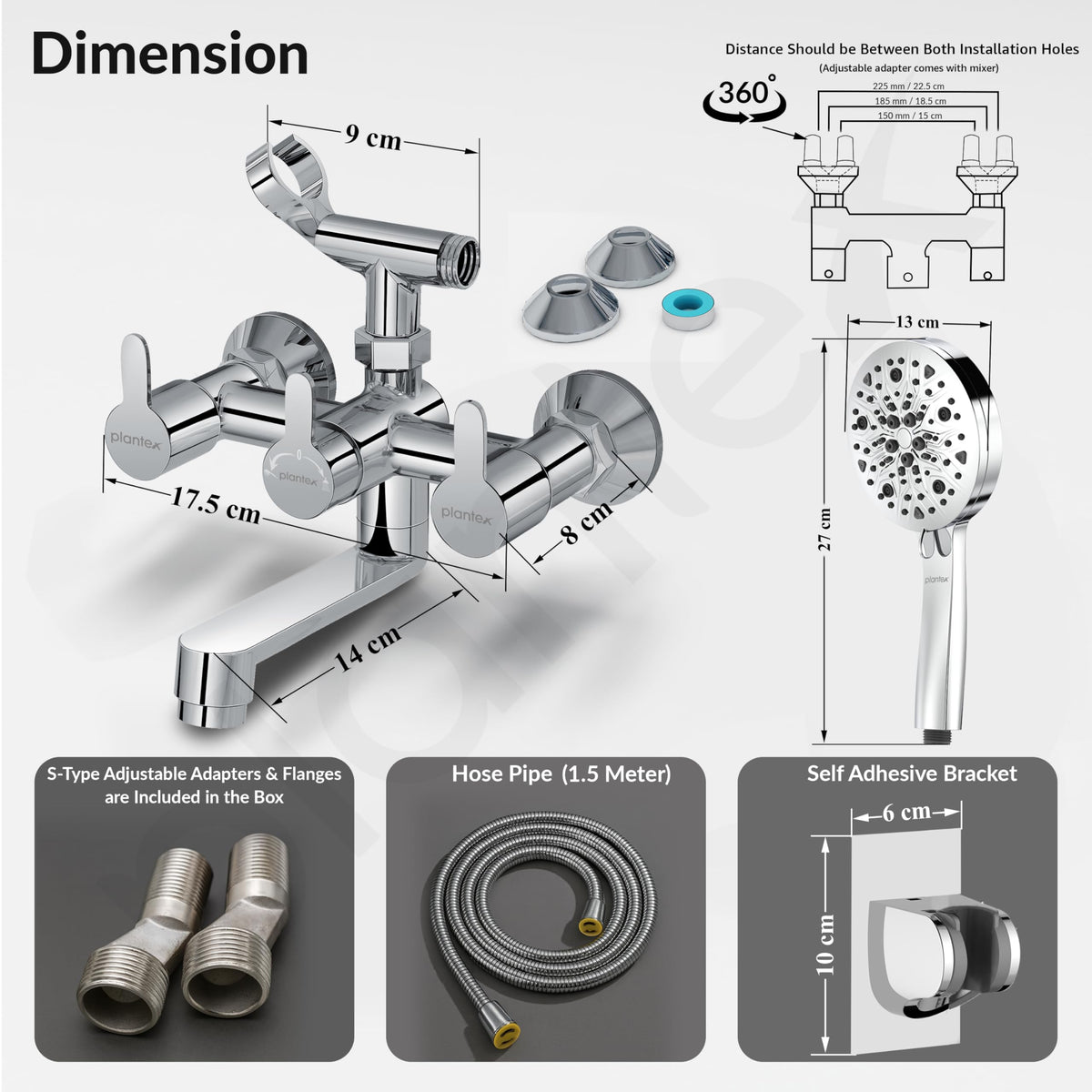 Plantex Telephonic Brass Wall Mixer for Bathroon 2 in 1/Hand Shower 8 Modes/1.5 mtr. Hose Pipe with Self Adhesive Bracket/Bathroom Accessories-4