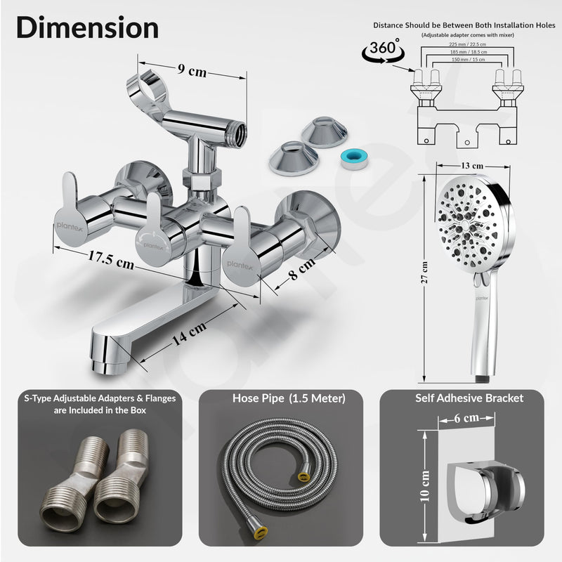 Plantex Telephonic Brass Wall Mixer for Bathroon 2 in 1/Hand Shower 8 Modes/1.5 mtr. Hose Pipe with Self Adhesive Bracket/Bathroom Accessories-4