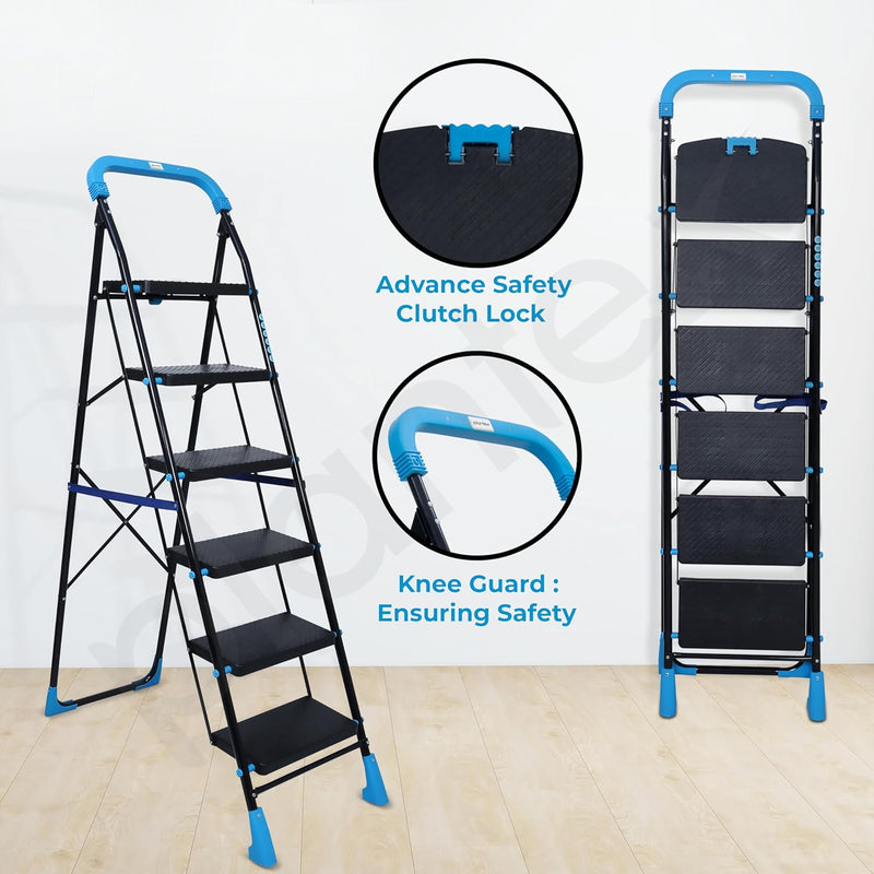 Plantex Stylo Heavy-Duty Mild-Steel Folding 6 Step Ladder for Home with Advanced Locking System/Wide Anti-Skid Step Ladder (Black & Blue)