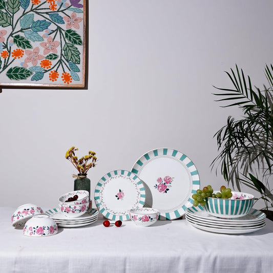 Magique by The Wishing Chair x ClayCraft : Portrait of a Rose 20-Piece Ceramic Dinner Set with Gold | Elegant Floral Plates & Bowls | Glossy Finish | Ideal for Parties & Festive Dining