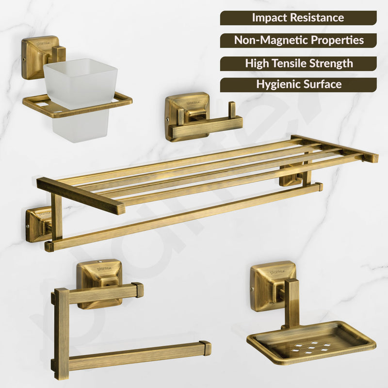 Plantex 304 Grade Stainless Steel Bathroom Accessories Set of 5 - Towel Stand/Napkin Ring/Soap Dish/Toothbrush Holder/Robe Hanger - Squaro (Brass Antique)-3