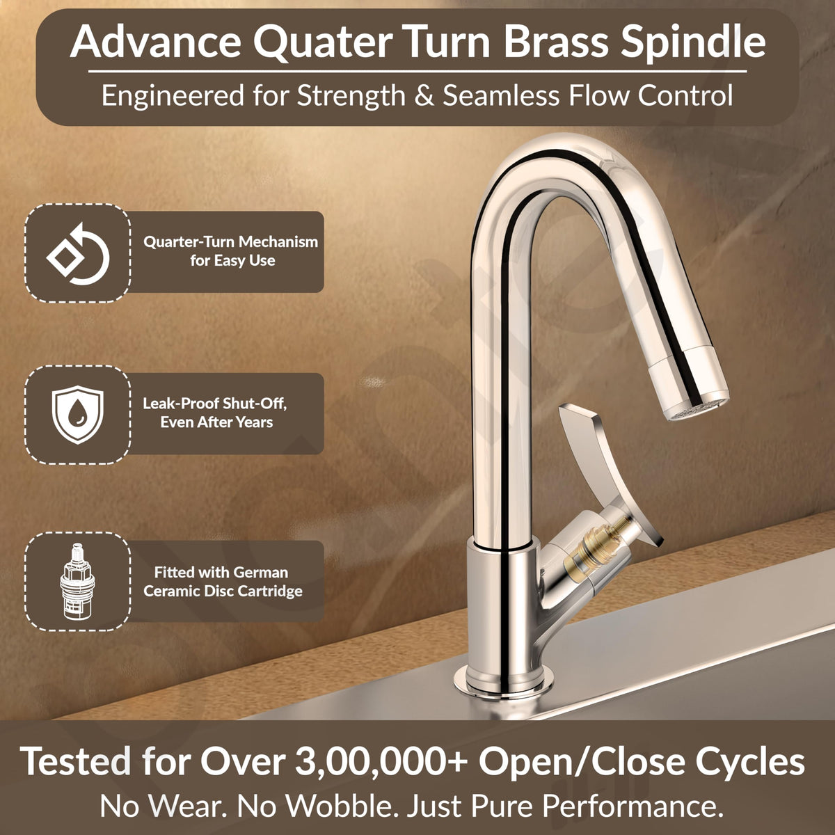 Plantex Pure Brass High Neck Pillar Cock Water Tap with Teflon Tape/360 Degree Swivel Spout/Single Lever Tabletop Basin Sink Cock (Star, Chrome)