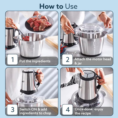 AGARO Delite Vegetable & Meat Chopper for Kitchen, Garlic Peeler, Egg Whisker, 2L Bowl, 400W Motor, 3 Speed Settings, Meat Grinder, Vegetable Mixer, Stainless Steel Body, Onion, Garlic, Fruits.