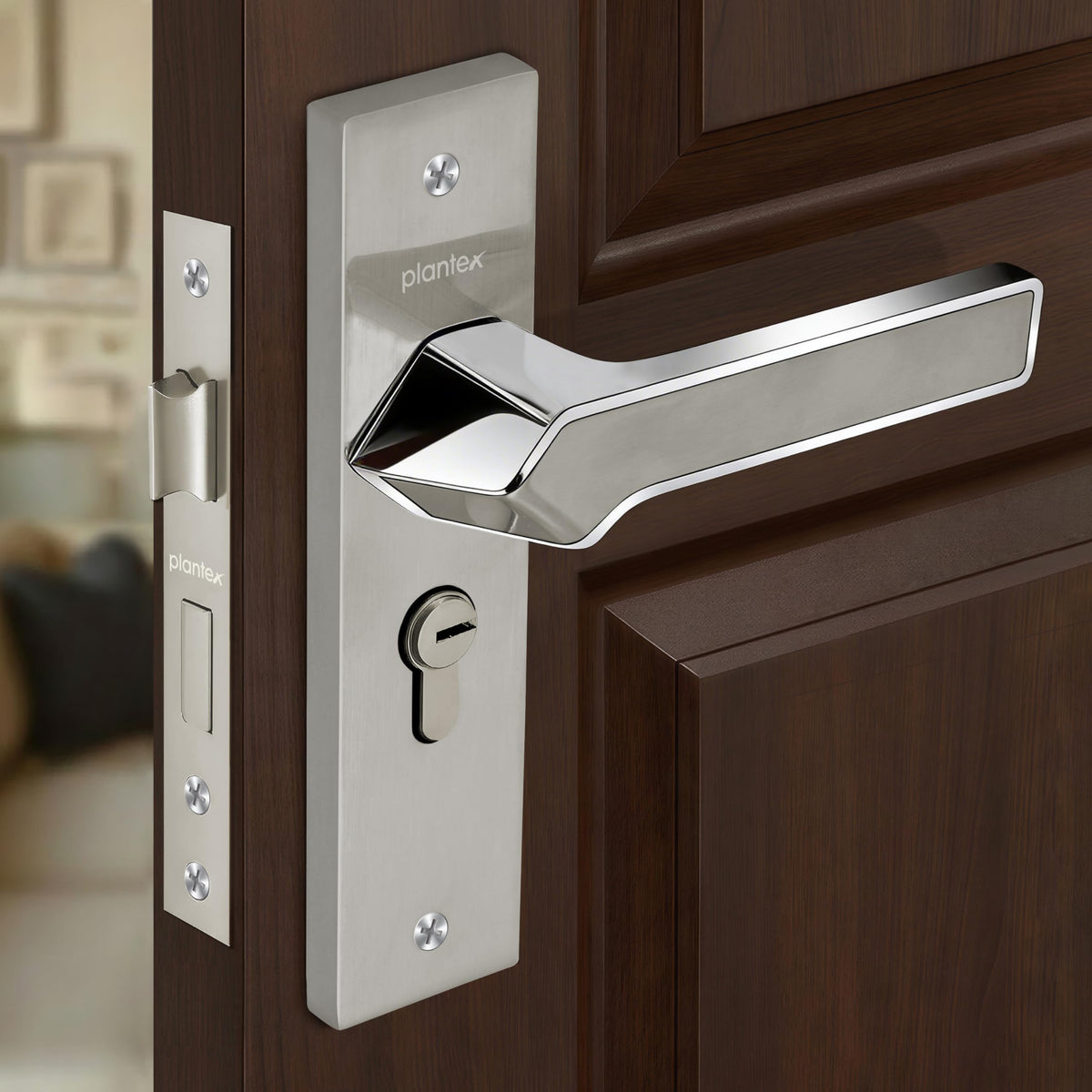 Plantex Heavy-Duty Door Lock/Door Handle Set with 3 Years of Warranty/Mortise Lock with 3 Keys, Brass Lockbody & Cylinder (8133 - Satin Steel & Chrome)-1