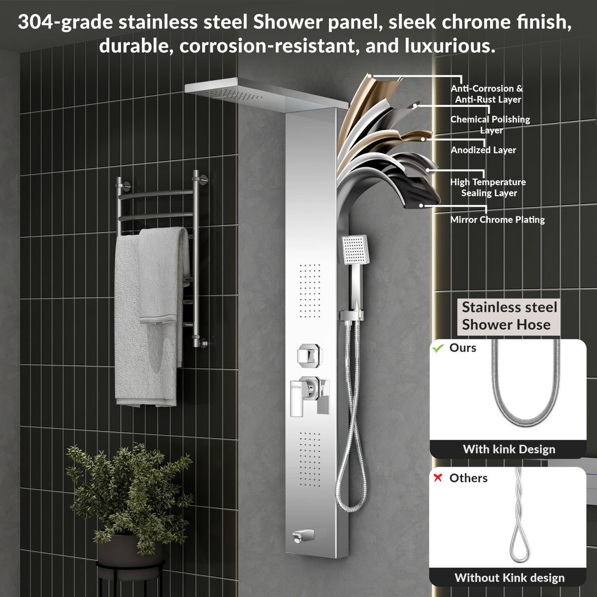 Plantex 304 Grade Stainless Steel Shower Panel for Bathroom with Showerhead/Hand Shower/Body Massage Jets/Bathroom Shower System-(KM-8111)-2