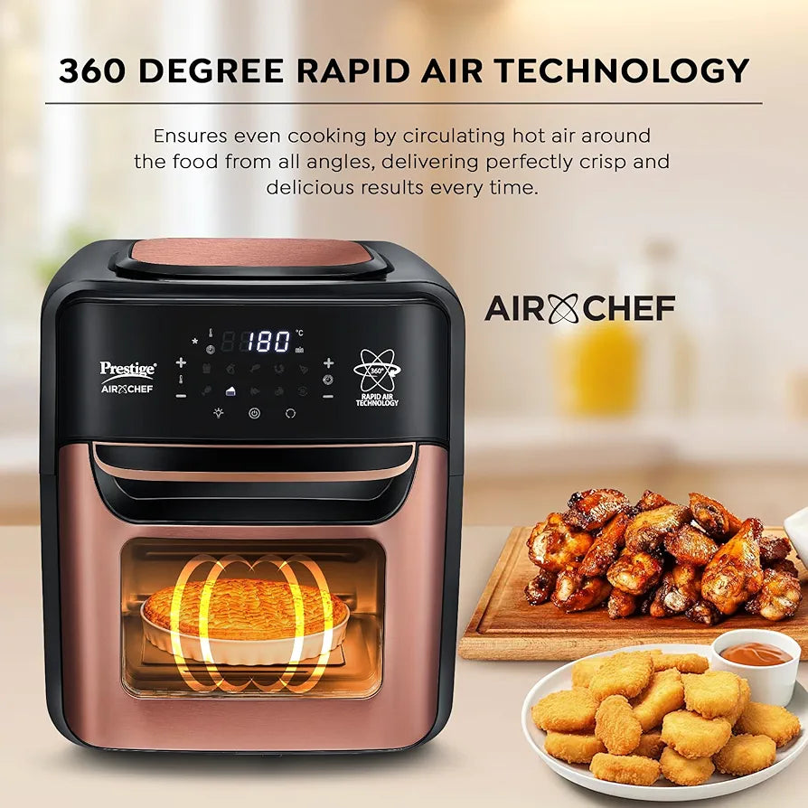 Prestige Air Chef 12 Litre Air Fryer Oven|360 Degree Rapid Air Technology|10 Preset Menus|Unique Multi-Level Design| Smoke-Free Technology|Black & Rose Gold, 1800 Watts