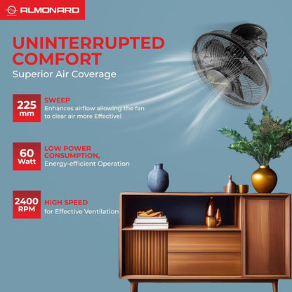 Almonard 225mm High Speed Cabin Fan, High Velocity Blades with Rust-resistant Coating, Single Speed Setting, Cabin Fan for Office, Retail Kiosks, Available in Black
