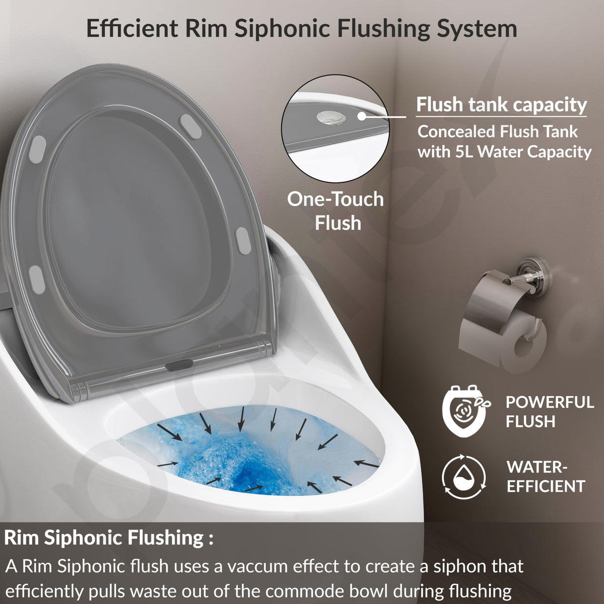 Plantex Platinum Ceramic Rimless Commode/One Piece Western Toilet/Siphonic Flush Western Commode with Soft Close Toilet Seat - S Trap Outlet (White & Grey)-4
