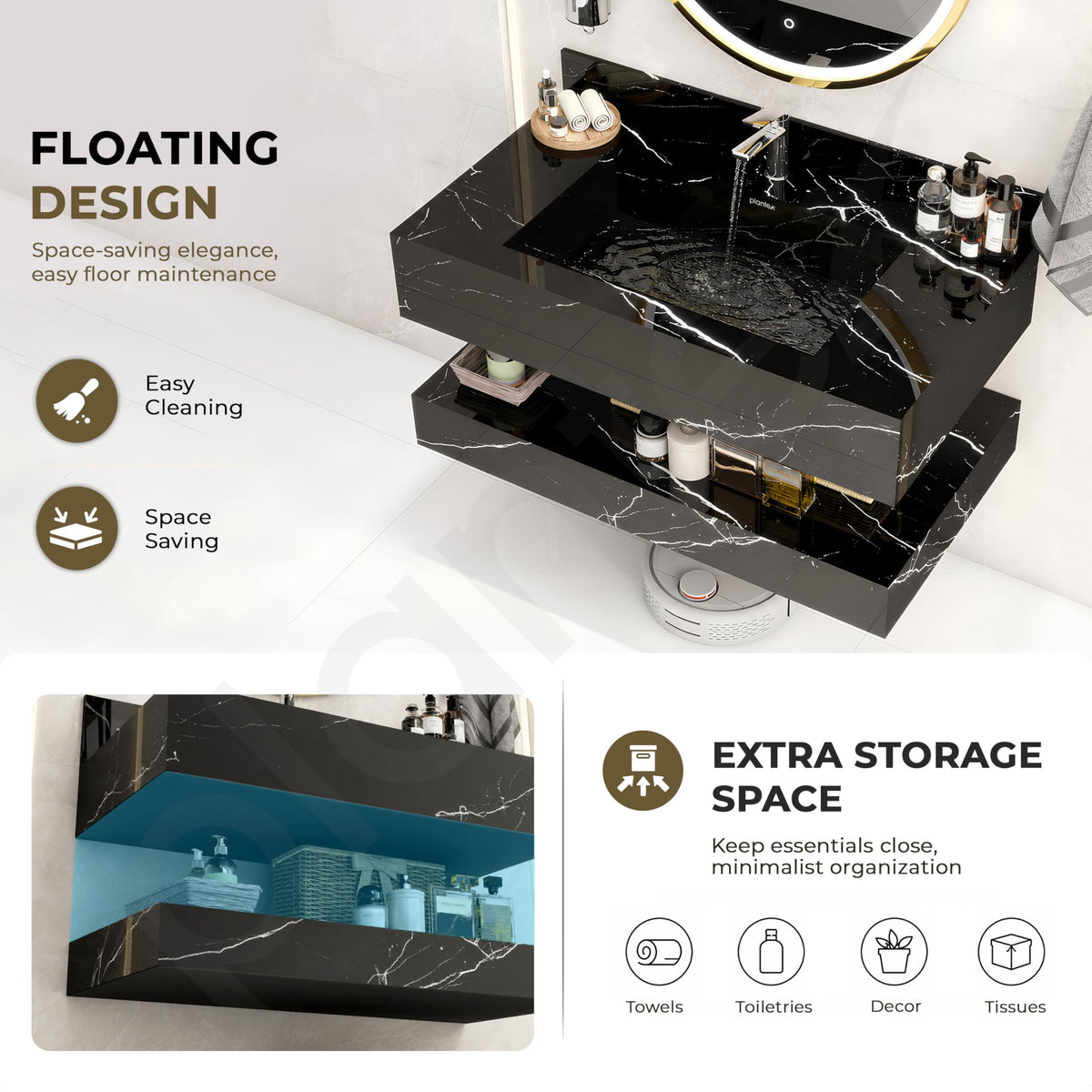 Plantex Floating Vanity/Slab Tile Vanity with Washbasin for Bathroom/Wall Mount Cabinet with Sink - (Dustin Black - 80 X 45 cm)-6