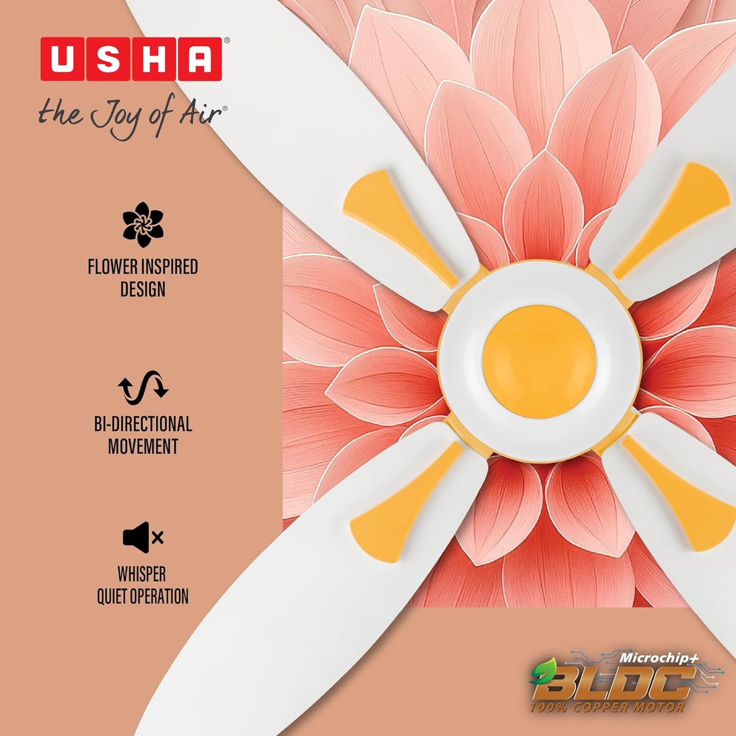 USHA New Bloom Series Dahlia (Inspired by Dahlia) 4-Blade BLDC Ceiling Fan with Bi-Directional Feature | Sleep/Boost/Timer Modes | RF Remote | Dust-Resistant | Whisper-Quiet (White & Saffron Yellow)