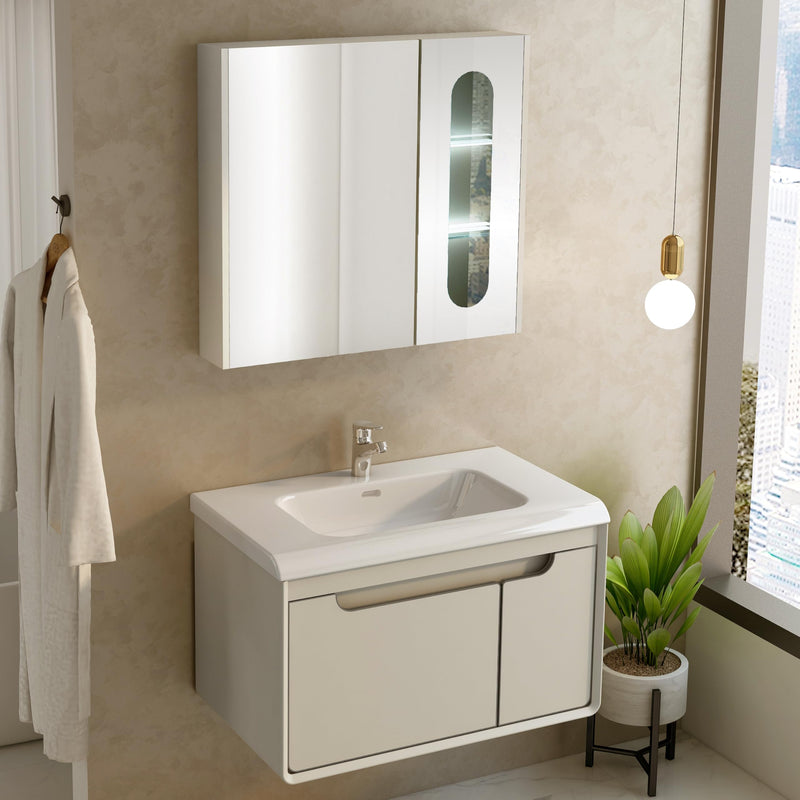 Plantex Unbreakable Wall Mount Wash Basin with Cabinet Full Set/Plywood Bathroom Vanity with Mirror, Coupling & Cabinet Motion Sensor Light (NZBC-35 - Beige)-1
