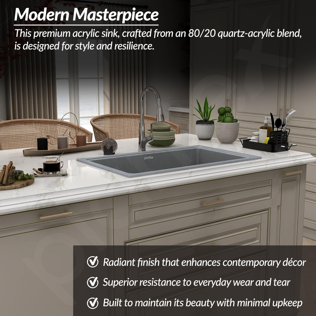 Plantex Metallic Quartz Acrylic Kitchen Sink With 10 Years Warranty /Undermount Sink For Kitchen/Metalic Single Bowl Kitchen Sinks With Coupling (Lintus 32X20 Inches),Grey-2