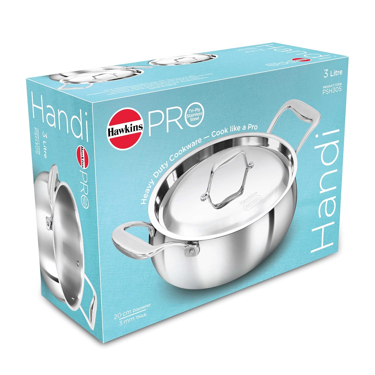 Hawkins 3L Pro Triply Stainless Steel Handi with Steel Handles and Steel Lid, Silver (PSH30S)