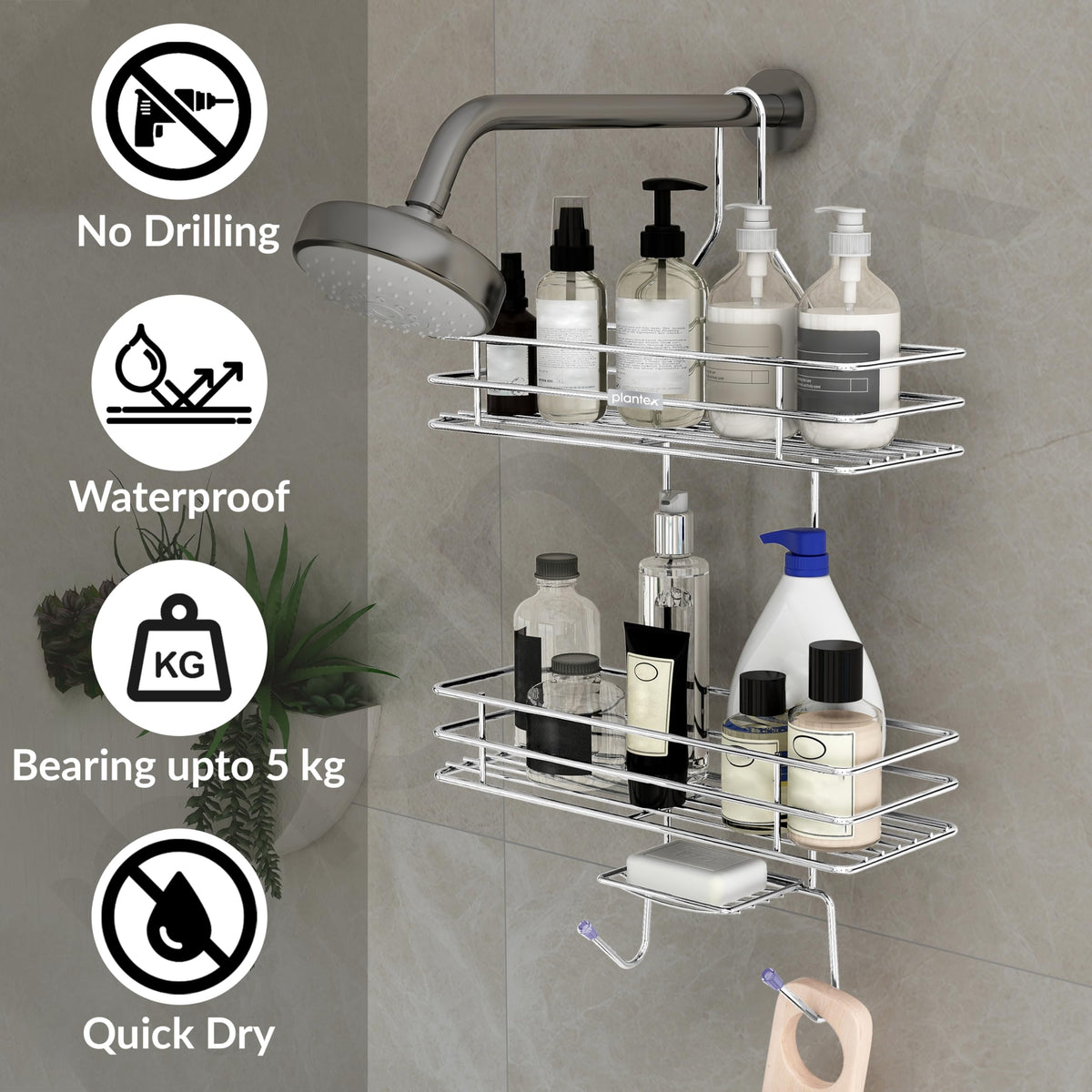 Plantex No Drill Bathroom Organiser/Shower Caddy for Bathroom Hanging/5in1 Stainless Steel Shelf with Soap Holder and Hooks (Big Size-Square Shape-Chrome Finish)-5