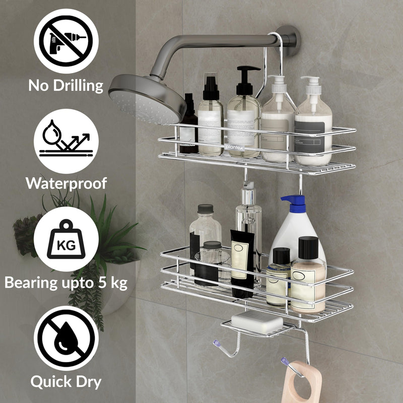Plantex No Drill Bathroom Organiser/Shower Caddy for Bathroom Hanging/5in1 Stainless Steel Shelf with Soap Holder and Hooks (Big Size-Square Shape-Chrome Finish)-5