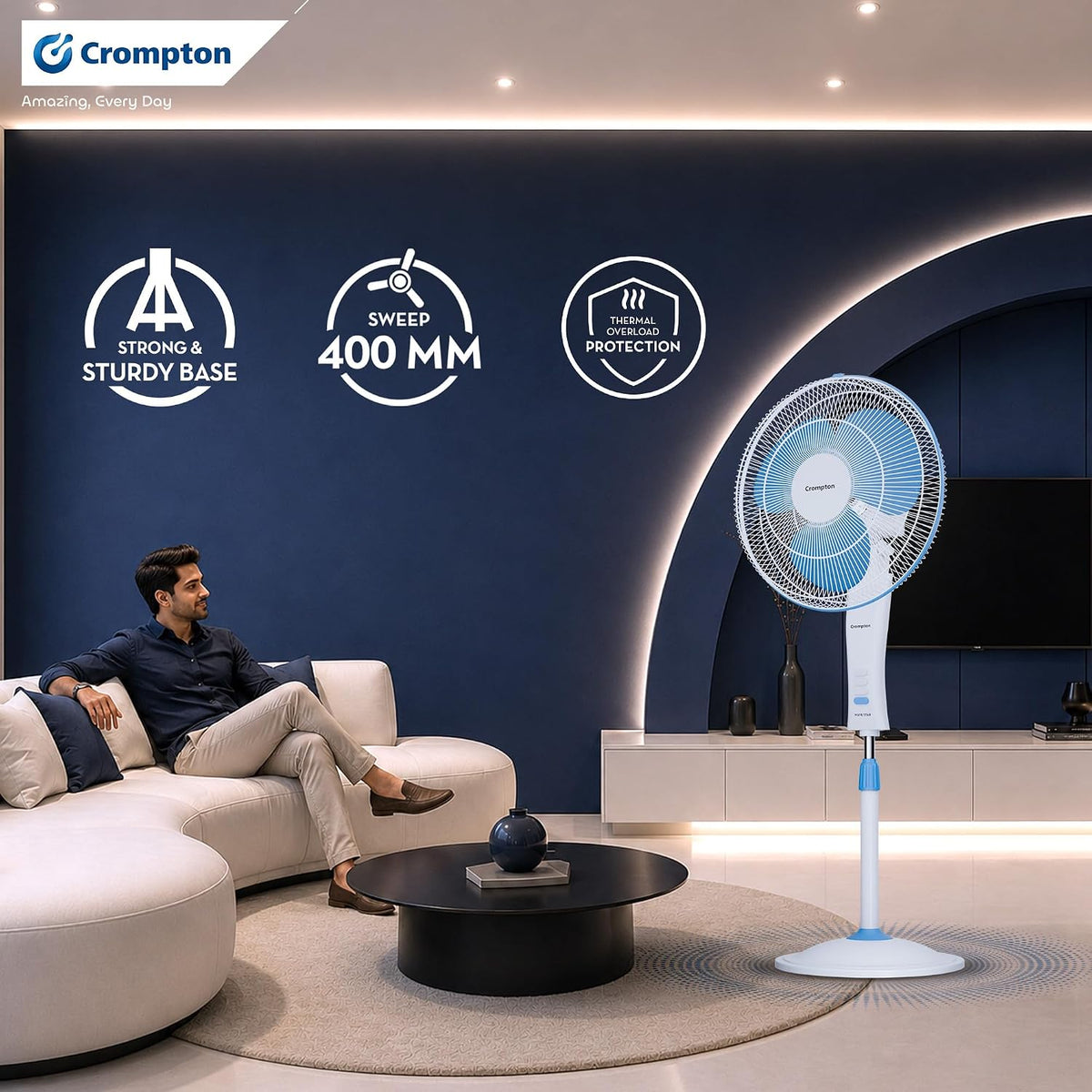 Crompton Wave Star Pedestal Fan, 400MM (White-Blue)-6