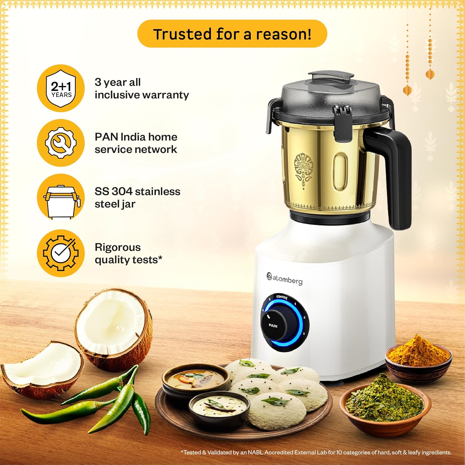 Atomberg Zenova Special Edition Mixer Grinder | Unique Coarse Mode for Silbatta-like Texture | BLDC Motor | Safety Features | 4 Jars including Chopper| Hands-Free Operation| Heritage Brass Pearl White