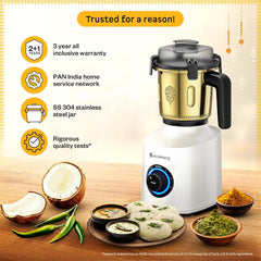 Atomberg Zenova Special Edition Mixer Grinder | Unique Coarse Mode for Silbatta-like Texture | BLDC Motor | Safety Features | 4 Jars including Chopper| Hands-Free Operation| Heritage Brass Pearl White