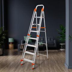 Plantex Secura 7 Step Aluminium Ladder for Home/Foldable Ladder with Safe Hand Rails/5 Year Manufacturer Warranty(Orange-Chrome)