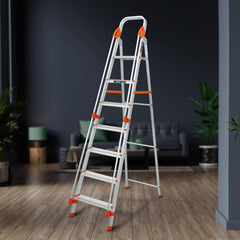 Plantex Big Foot 4 Step Ladder for Home/Fully Aluminium Folding Ladder/Wide Anti-Skid Steps (Black-Silver)
