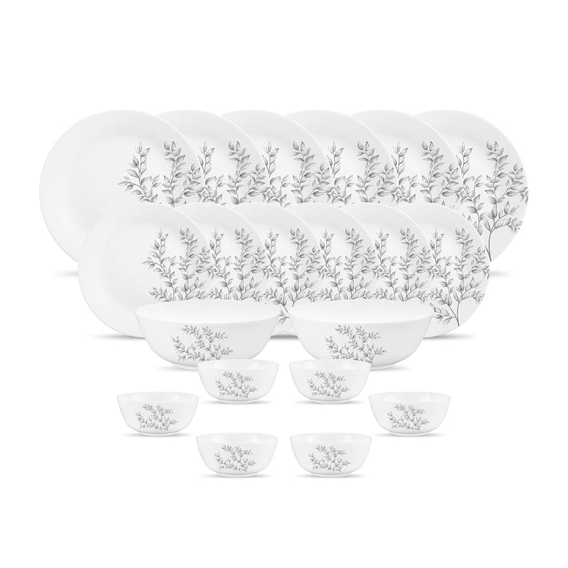 Diva by La Opala, Pearl Collection, Opal Glass Dinner Set 20 pcs, Dusky Vines, White