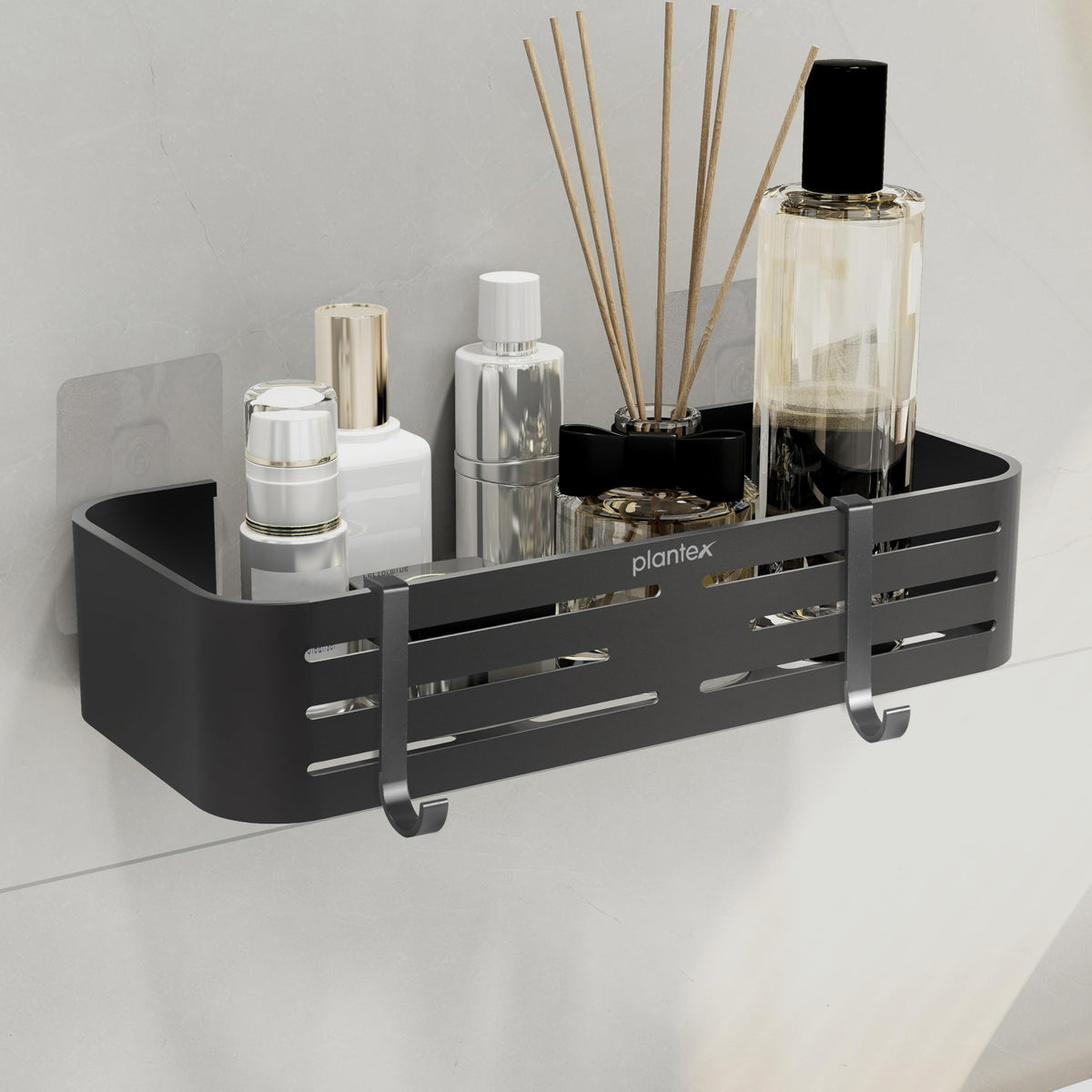 Plantex Bathroom Organizer Without Drill/Aluminium Wall Mounted Rack for Kitchen with Removable Hook/Self Adhesive Shelf for Bathroom- Pack of 1 (12 x 5 Inch - Matt Grey)-1