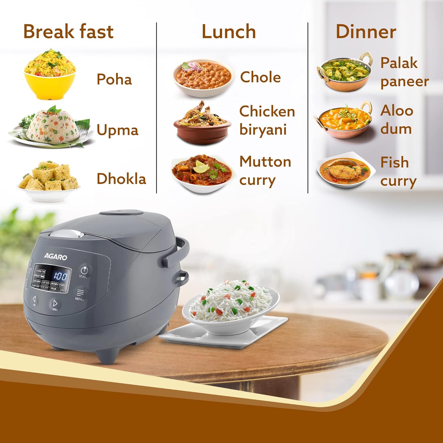 AGARO Imperial Electric Rice Cooker, 2L Ceramic Coated Inner Bowl, 500 gms (approx. 3.5 cups) raw rice, Steam Basket, 8 Preset Cooking Function, Advanced Fuzzy Logic, 24Hrs Keep Warm Function, 350W