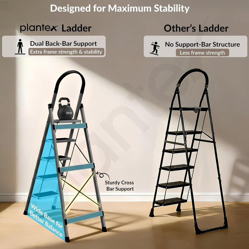 Plantex Ladder for Home 5 Steps/Foldable Ladder with Anti-Skid Wide Steps (30L x 20W cm)/Strong D-Shape Pipe with X-Support for More Stability/5 Year Warranty(Apex-Black)