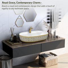 Plantex Oval Washbasin/Countertop Sink for Bathroom/Tabletop Wash Basin for Restaurant/Hotel/Hotel (24x16.5x5 Inch - White & Gold)-2