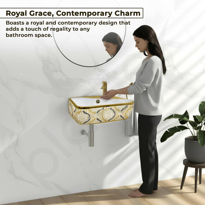Plantex Ceramic Designer Washbasin for Bathroom/Wall Hung Wash Basin/Rectangle Basin for Home/Office/Hotel (17.5x10.5x5 Inch - White & Gold)-5