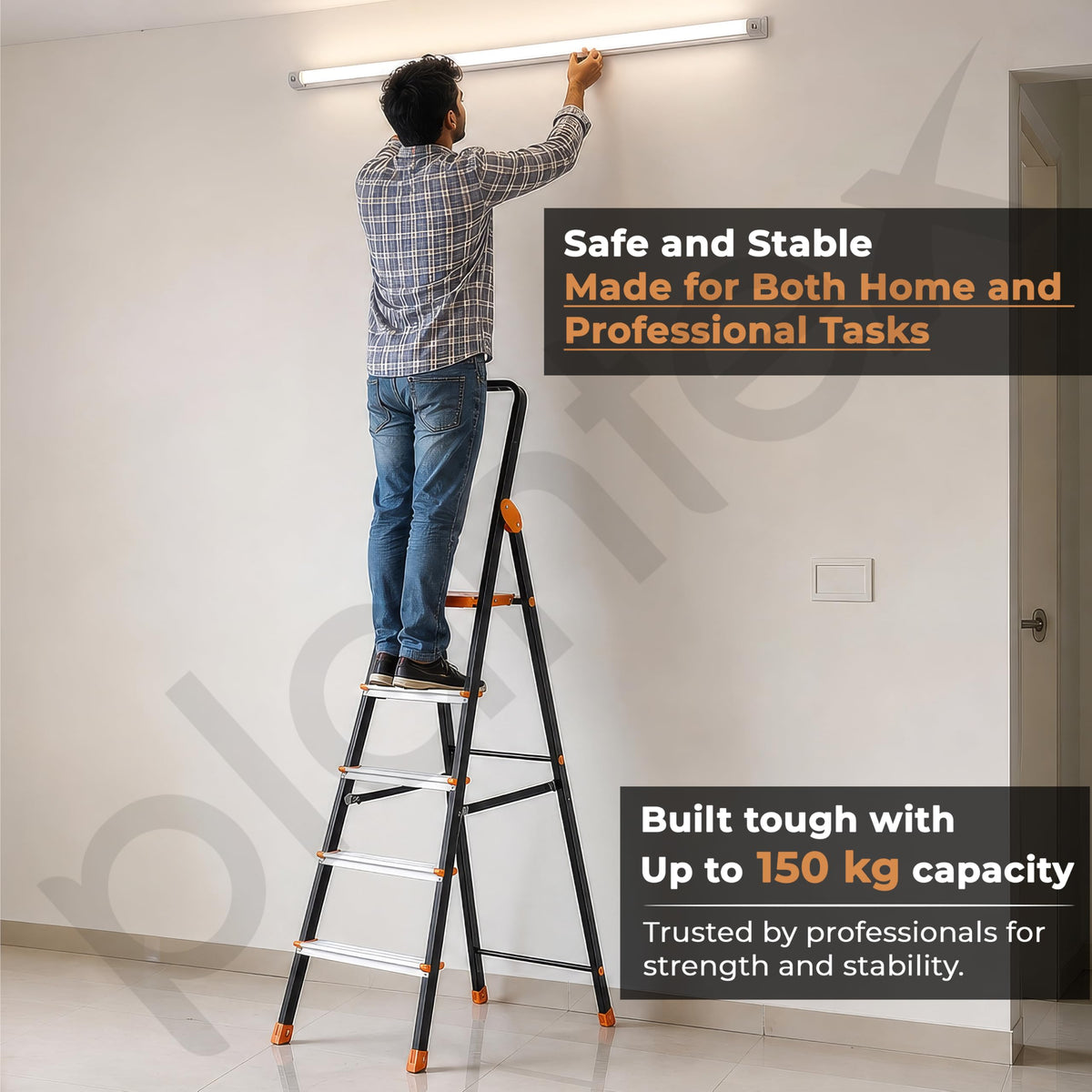 Plantex Allsafe Aluminium Step Ladder for Home/5 Step Anti Skid Ladder/Wide Step Ladder (Black & Orange)