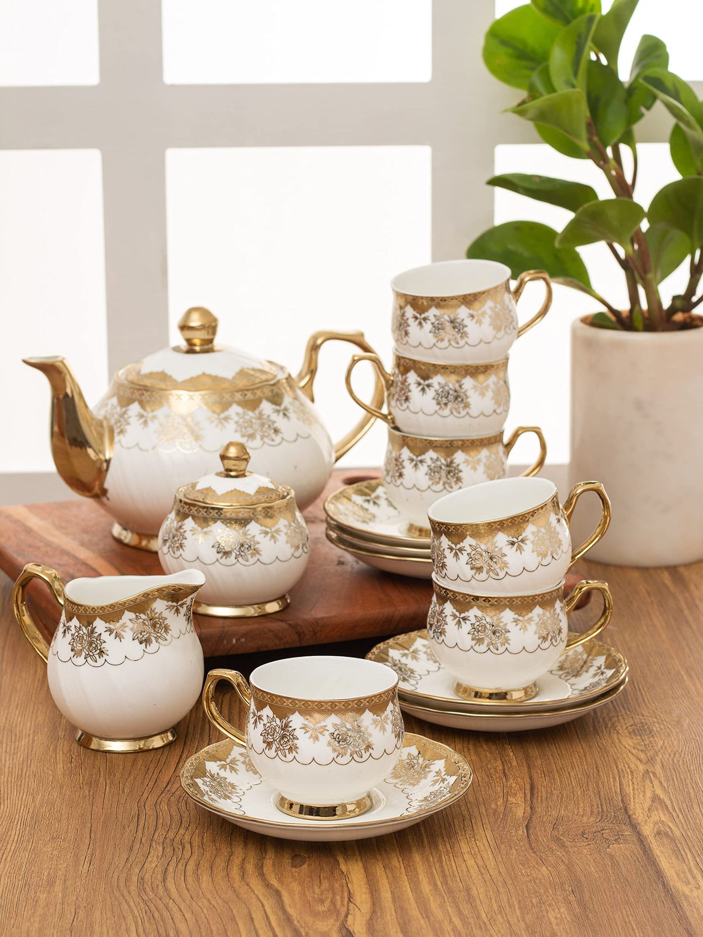 Clay Craft Gold Print Premium Fine Ceramic Tea Set of 15 Pcs (1 Kettle + 6 Cups + 6 Saucers + 1 Milk Pot + 1 Sugar Pot) (Design 6 - Rose(R512))
