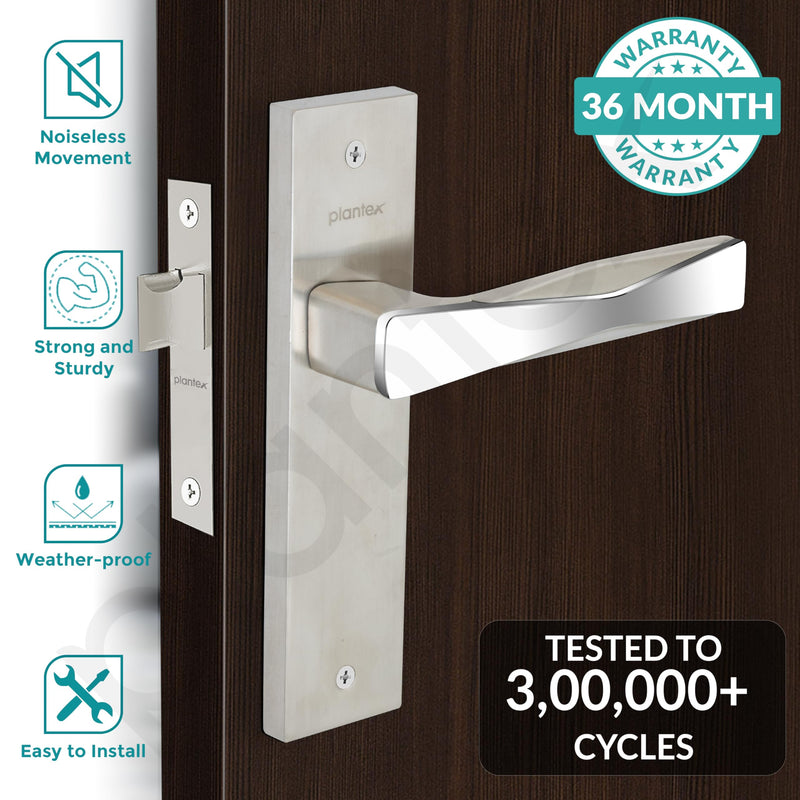 Plantex Heavy Duty Door Lock “ Bathroom Door Lock/Mortise 8inch Keyless Plate Handle Set for Home/Bathroom/Store Room/Balcony/Office with Baby Latch (8085, Steel Satin and Chrome)-2
