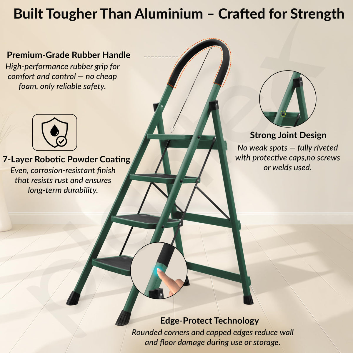 Plantex Hercules Pro 4-Step Foldable Ladder for Home with 150 kg Load Capacity/Heavy-Duty Steel Ladder/Anti-Slip Wide Step/Strong, Stable & Multi-Purpose (Green)-2