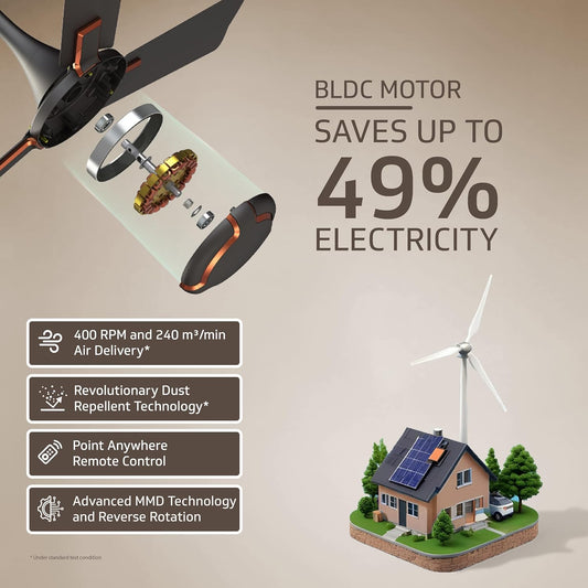 V-Guard Exado Pro ES BLDC Ceiling Fan | Remote Control | Anti Dust Coating | BEE 5 Star Rating | 400 RPM | 100% Copper Motor |1.2 Meter (Choco Brown Matte)