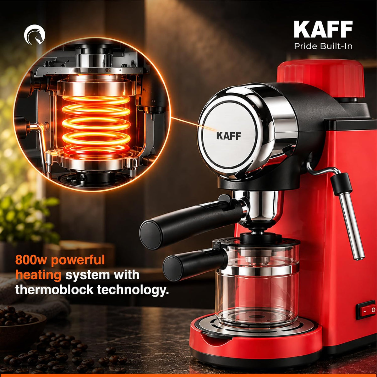 Kaff VIENNA 800 Watts Espresso, Cappuccino and Latte Coffee Maker, Glass Carafe Jar, 750W, with Automatic Pressure-Relea