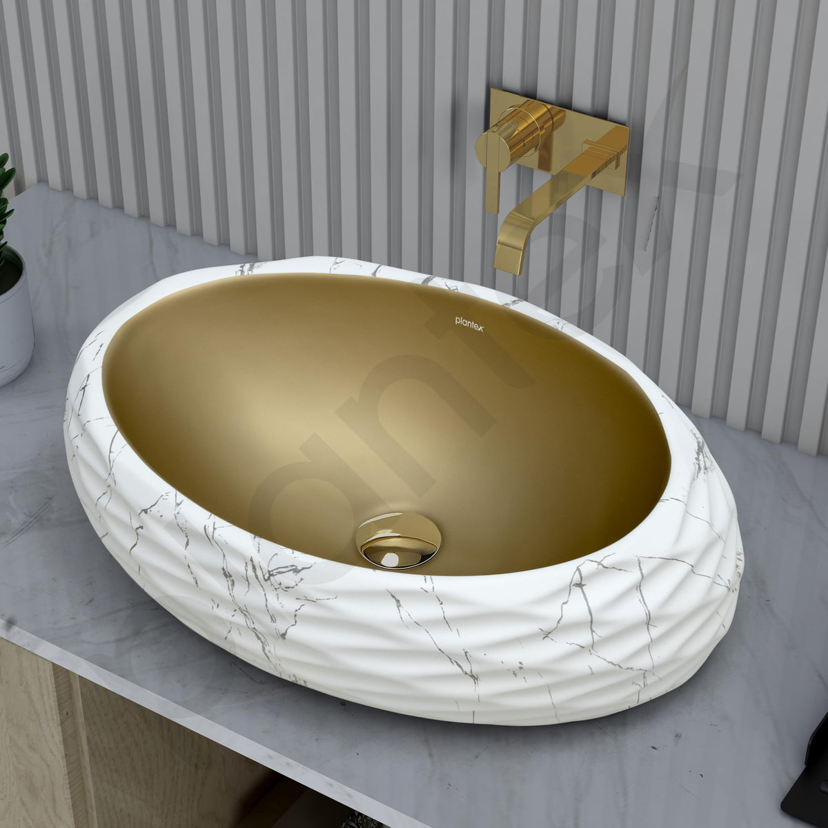 Plantex Table Top Wash Basin For Bathroom/Designer Ceramic Basin/Countertop Vessel Sink Basin - Indo-European Collection (White & Gold - 24 x 16 x 7 Inch)-6
