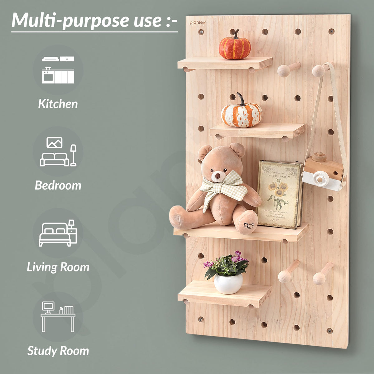 Plantex Multipurpose Pine Wall Mount Wood Pegboard For Home/Wood Display Shelf/Wall Organizer For Bedroom/Kitchen/Bathroom - (32X16 Inches)-4