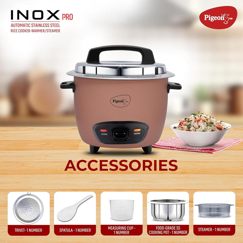 Pigeon Inox Pro Rice Cooker with Steamer, 1 litres | Stainless Steel Lid | 400 Watts | 1 Steel Cooking Pot | Measuring Cup | Spatula | Energy Efficient Cooking (Pink)