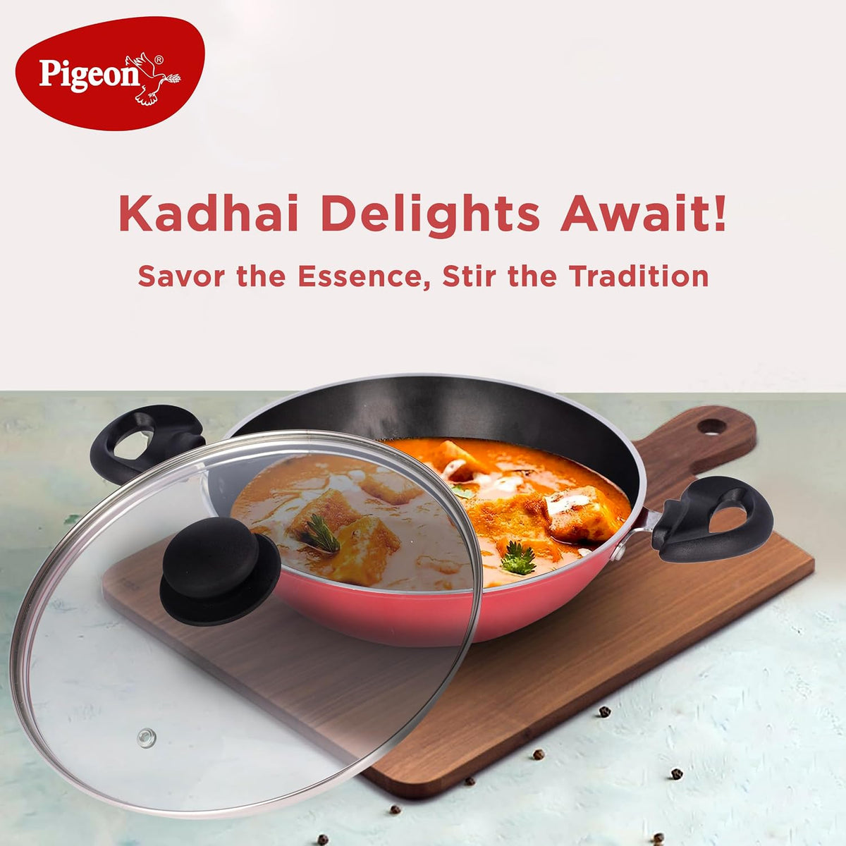 Pigeon by Stovekraft Basics Aluminium Non Stick, Non Induction Base Kadai with Glass Lid, 24CM/2.2 Liters, Red
