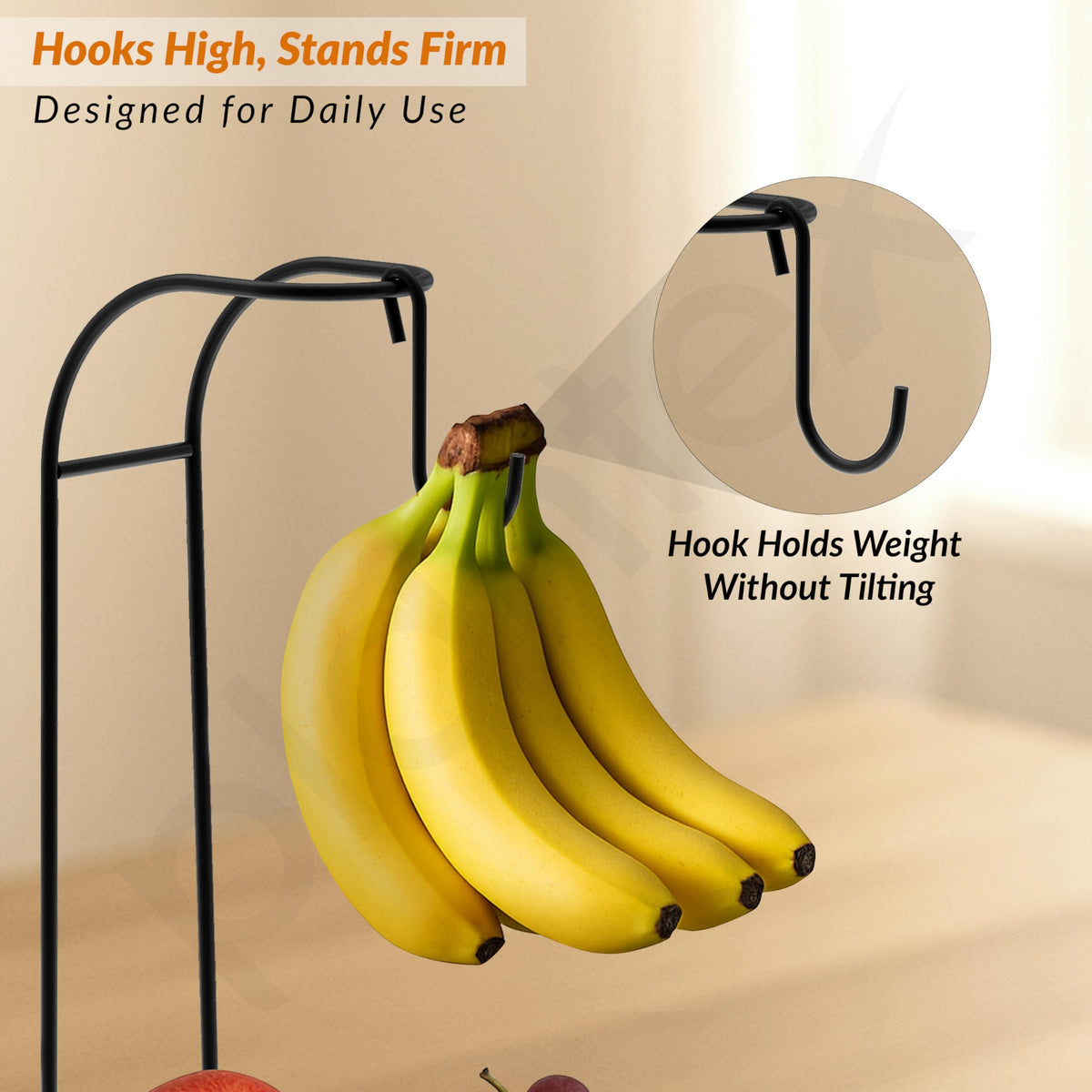 Plantex Metal Fruit Basket with Hook/2-in-1 Banana Stand/Fruit Hanger & Vegetable Bowl for Dining Table & Kitchen -(Black)-6
