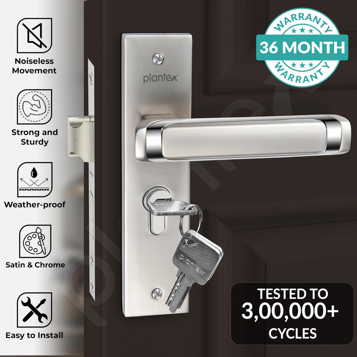 Plantex Heavy-Duty Door Lock Set - Main Door Lock Handle Set/Mortise Lock with 3 Keys, Brass Lock Body & Cylinder (8127 - Satin White & Chrome)-2