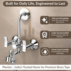 Plantex Pure Brass 3-in-1 Wall Mixer with L-Bend Provision for Overhead and Hand Shower/Bathroom Mixer Tap with Brass Wall Flange & Teflon Tape/Wall Mixer for Bathroom - (Star, Chrome)-2